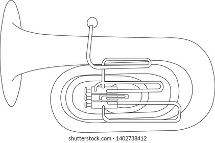 Black outline tuba isolated on white background. Musical instrument for template or art school dictionary illustration