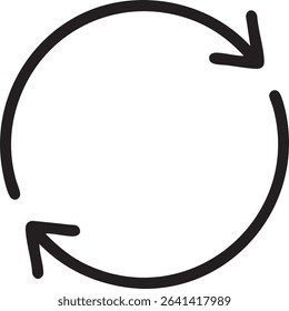 A black outline of two arrows forming a circle, indicating a loop, cycle, or refresh action on a white background.