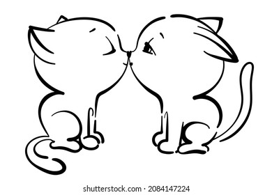 black outline of two cute little cats. Kiss of cats, coloring book for kids. isolated illustration on white background