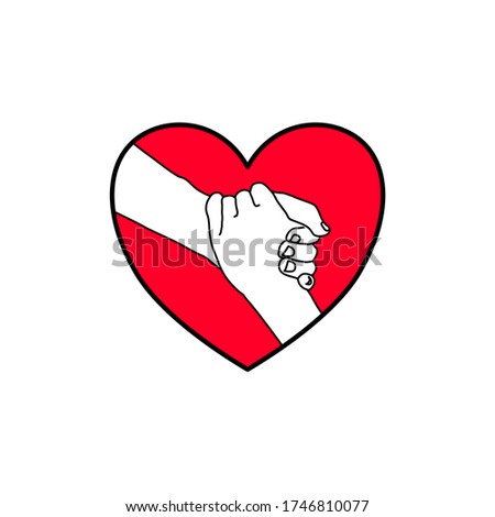 the black outline of Two hand are holding together in the red heart shape. Harmonious , agreement, relationship, encourage, help, business, sharing and love concept. Illustration vector.
