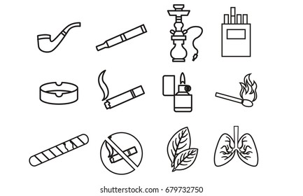 Black outline various tobacco goods accessories icons set. Vector illustration on  white background