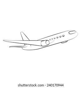 Black outline vector airplane on white background.