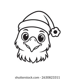 a black outline vector of a baby eagle head with wearing a Santa Claus hat on white background