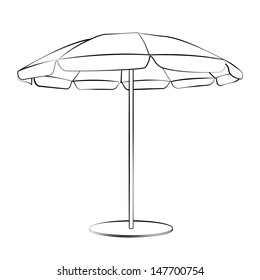 Black outline vector beach umbrella on white background.