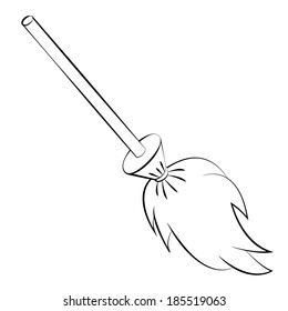 Black outline vector broom on white background.