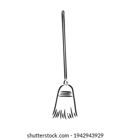 Black outline vector broom on white background.