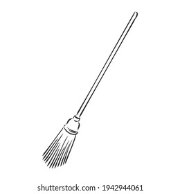 Black outline vector broom on white background.