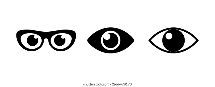 Black outline vector cartoon eye icons in different styles on a white background. Collection of eye icons. Black and white. Digital illustration.