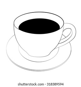 Black outline vector coffee cup on white background.