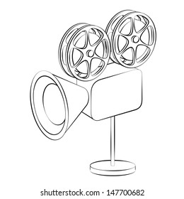 Black outline vector film camera on white background.