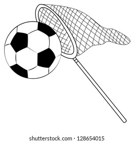 Black outline vector fishing net and football on white background.