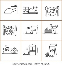 Conjunto de iconos de alimentos y bebidas de Vector de contorno negro elemento de diseño