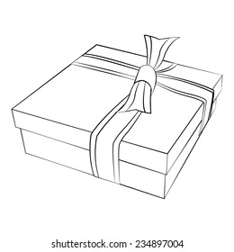 Black outline vector gift box on white background.