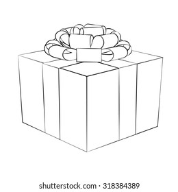 Black outline vector gift box on white background.