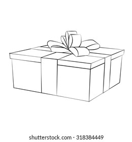 Black outline vector gift box on white background.