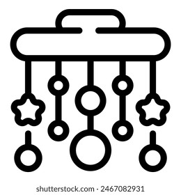 Black outline vector icon of a baby crib mobile with hanging toys, suitable for web and print