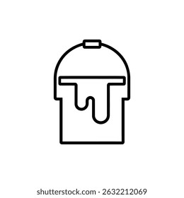 Black outline vector icon depicting a paint bucket with drips, rendered on a transparent backdrop. Minimalist design style, suitable for various creative applications.