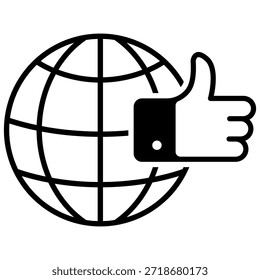 Icono de Vector de contorno negro del globo con los pulgares hacia arriba. Concepto de red global y redes sociales.