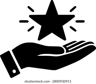 Black outline vector icon of a hand holding a shining star, representing quality service, customer satisfaction, support, excellence, rating, reward, and trusted care.