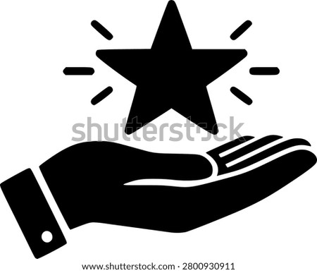 Black outline vector icon of a hand holding a shining star, representing quality service, customer satisfaction, support, excellence, rating, reward, and trusted care.