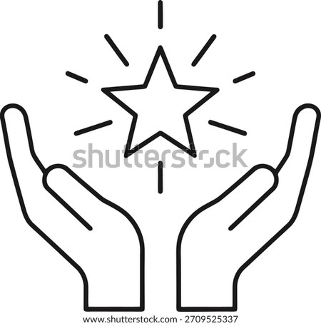 Black outline vector icon of hands holding a shining star, depicting success or quality. Isolated on white background.
