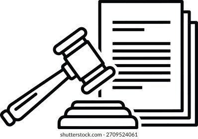 Icono de Vector de contorno negro de un mazo de ley y documentos legales, perfecto para temas legales y judiciales, aislado sobre fondo blanco.