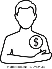 Schwarze Umrissvektorsymbol eines Mannes mit einem Dollarzeichen. Einzeln auf weißem Hintergrund. Nützlich für Finanzkonzepte.