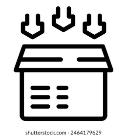 Black outline vector icon of a package with downward arrows indicating delivery