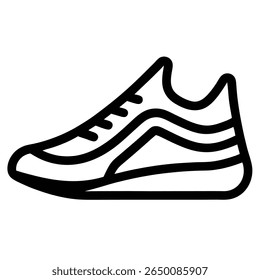Black outline vector icon of running shoe on white background.
