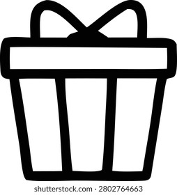Black outline vector icon showing gift box with wrapped ribbon bow. Ideal symbol for birthday celebrations festive occasions holiday shopping presents surprise and marketing.
