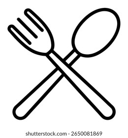 Black outline vector icon of spoon and fork crossed on white background.
