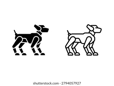 Black and outline vector icons of a dog robot, representing a futuristic mechanical pet or droid cyborg animal.