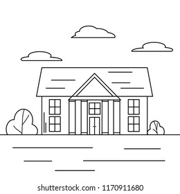 Black outline vector illustration of building isolated on white background. Welcome back to school. Yard with bushes and a cloud in the sky.