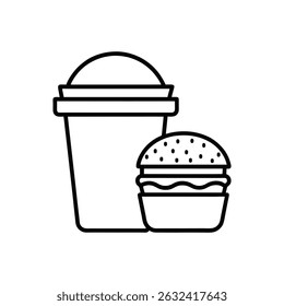 a black outline vector illustration of burger with paper coffee cup