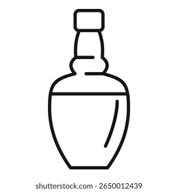 Black outline vector illustration of a glass bottle containing liquor with a cork top isolated on a white background