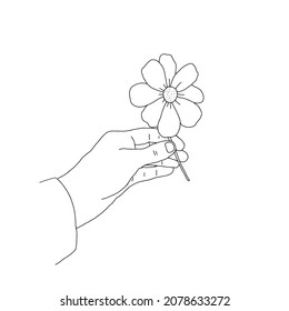 Una ilustración vectorial del contorno negro de una mano con una flor aislada en un fondo blanco