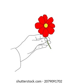 Una ilustración vectorial del contorno negro de una mano con una flor roja aislada en un fondo blanco