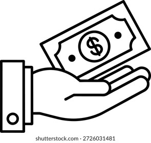 Ilustración vectorial de contorno negro de una mano que ofrece dinero. Ideal para finanzas, banca, inversión, pagos, donaciones y conceptos comerciales. Uso para Sitios web, publicidad o gráficos de redes sociales.