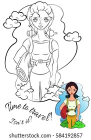 Black outline vector illustration of hiker woman with backpack and sleeping bag isolated on a white background. Travel concept.