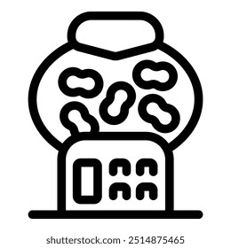 Ilustración vectorial de contorno negro de una máquina expendedora de cacahuetes que dispensa aperitivos aislados sobre un fondo blanco