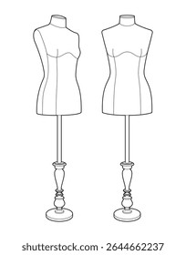 Ilustração vetorial de contorno preto de dois manequins costureira fêmea. Design de moda e costurar formas manequim em suportes. Estilo de contorno minimalista em fundo branco.
