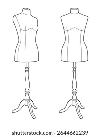 Black outline vector illustration of two female dressmaker mannequins. Fashion design and tailoring dummy forms on stands. Minimalist contour style on white background.