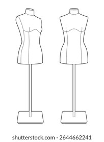 Ilustração vetorial de contorno preto de dois manequins costureira fêmea. Design de moda e costurar formas manequim em suportes. Estilo de contorno minimalista em fundo branco.