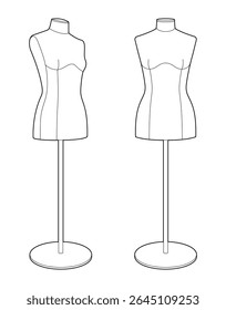 Black outline vector illustration of two female dressmaker mannequins. Fashion design and tailoring dummy forms on stands. Minimalist contour style on white background.