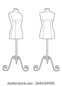 Ilustração vetorial de contorno preto de dois manequins costureira fêmea. Design de moda e costurar formas manequim em suportes. Estilo de contorno minimalista em fundo branco.