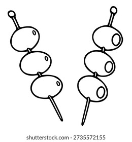 Black outline vector illustration of two olive skewers with whole olives on a white background