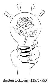 Black outline vector light bulb rose on white background.