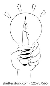 Black outline vector light bulb candle stick on white background.