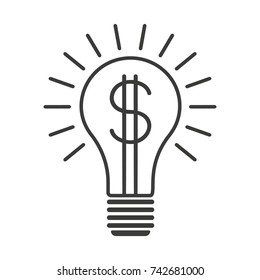 Black outline vector lightbulb with dollar, simple linear business idea. Flat isolated finance symbol with dollar sign in the bulb