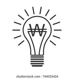 Black outline vector lightbulb with korean won currency, simple linear business idea. Flat isolated finance money symbol with south and north korean money sign in the bulb